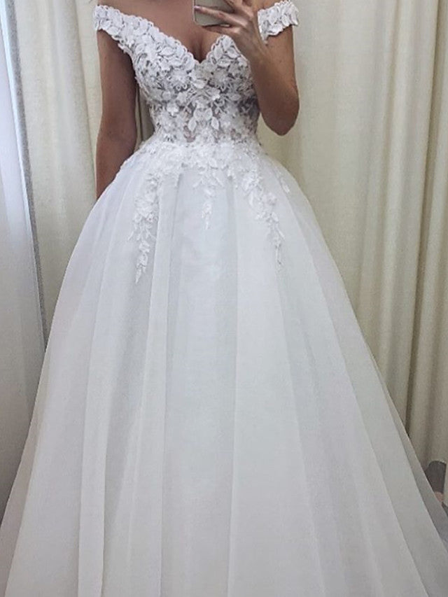 Long A-Line Off the Shoulder Lace Tulle Wedding Dresses-showprettydress