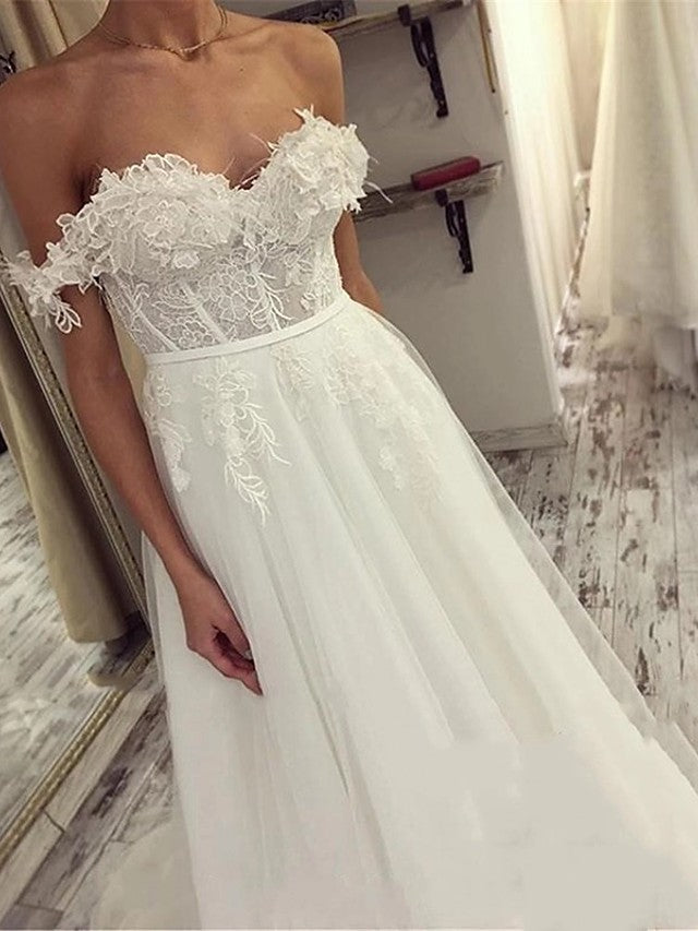 Long A-Line Off the Shoulder Lace Tulle Wedding Dresses-showprettydress