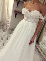 Long A-Line Off the Shoulder Lace Tulle Wedding Dresses-showprettydress