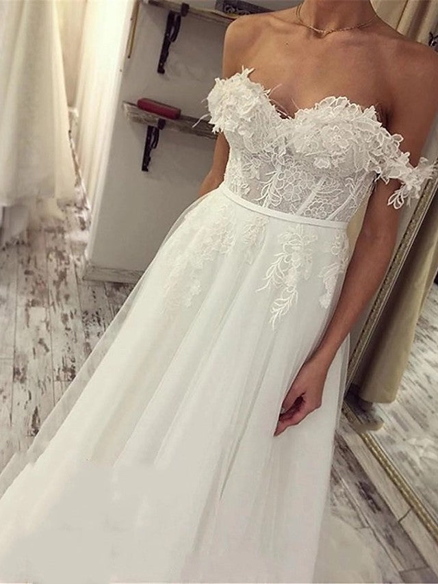 Long A-Line Off the Shoulder Lace Tulle Wedding Dresses-showprettydress