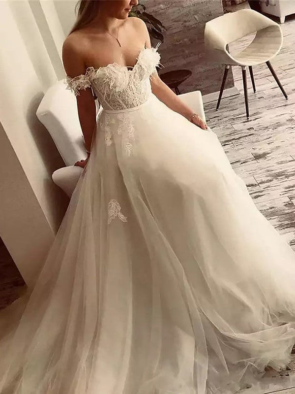 Long A-Line Off the Shoulder Lace Tulle Wedding Dresses-showprettydress