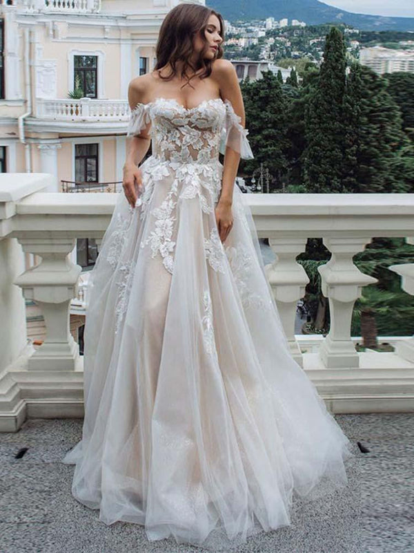 Long A-Line Off-the-Shoulder Lace Tulle Wedding Dresses-showprettydress