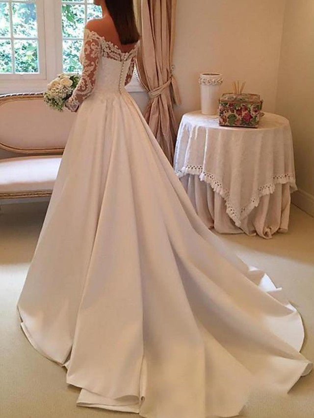 Long A-Line Off the Shoulder Satin Wedding Dresses with Lace Sleeves-showprettydress