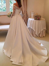 Long A-Line Off the Shoulder Satin Wedding Dresses with Lace Sleeves-showprettydress