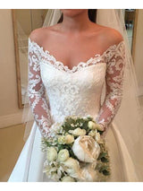 Long A-Line Off the Shoulder Satin Wedding Dresses with Lace Sleeves-showprettydress