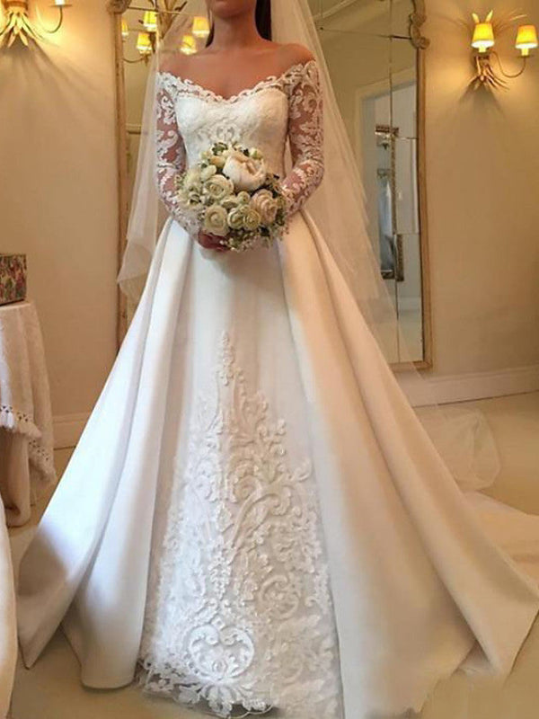 Long A-Line Off the Shoulder Satin Wedding Dresses with Lace Sleeves-showprettydress