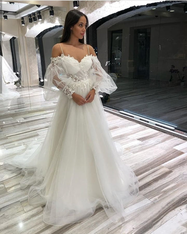 Long A-Line Off-the-Shoulder Sweetheart Appliques Lace Tulle Wedding Dresses with Sleeves-showprettydress