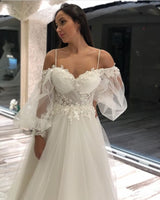 Long A-Line Off-the-Shoulder Sweetheart Appliques Lace Tulle Wedding Dresses with Sleeves-showprettydress