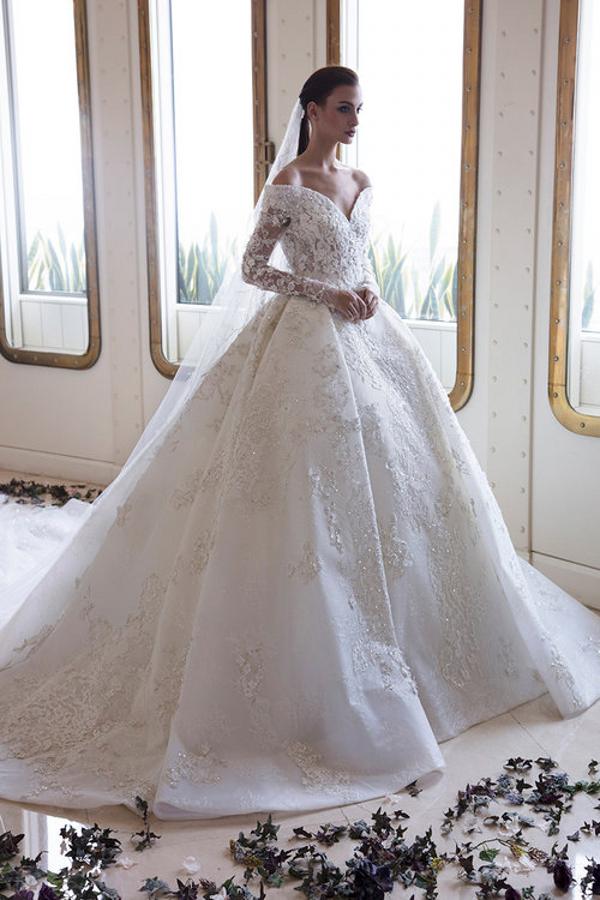 Long A-Line Off-the-Shoulder Sweetheart Backless Appliques Lace Crystal Wedding Dress with Sleeves-showprettydress