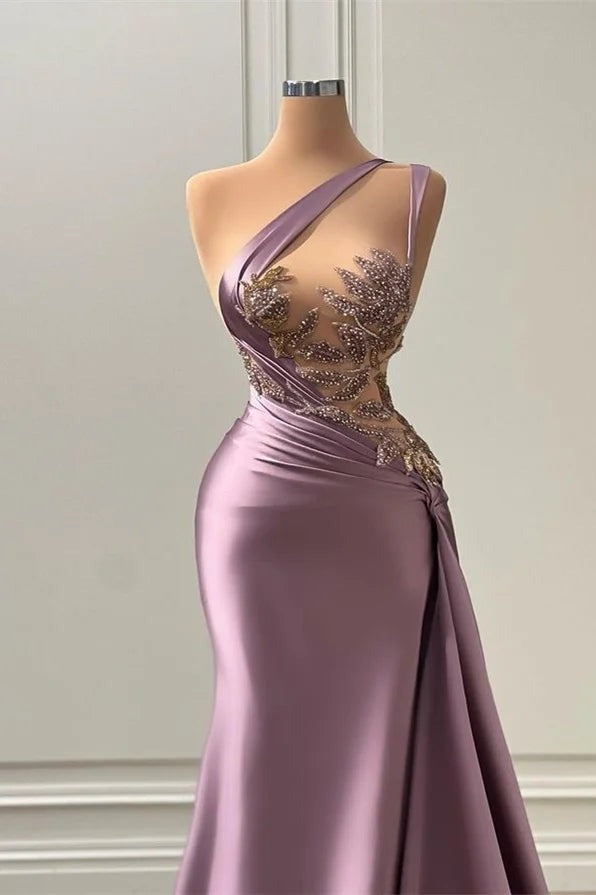 Long A-line One Shoulder Sleeveless Appliques Lace Prom Dress-showprettydress