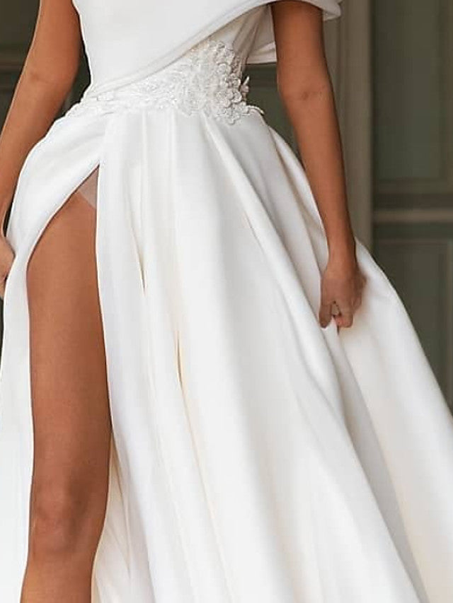Long A-Line One Shoulder Sweep Brush Train Chiffon Wedding Dresses with Slit-showprettydress