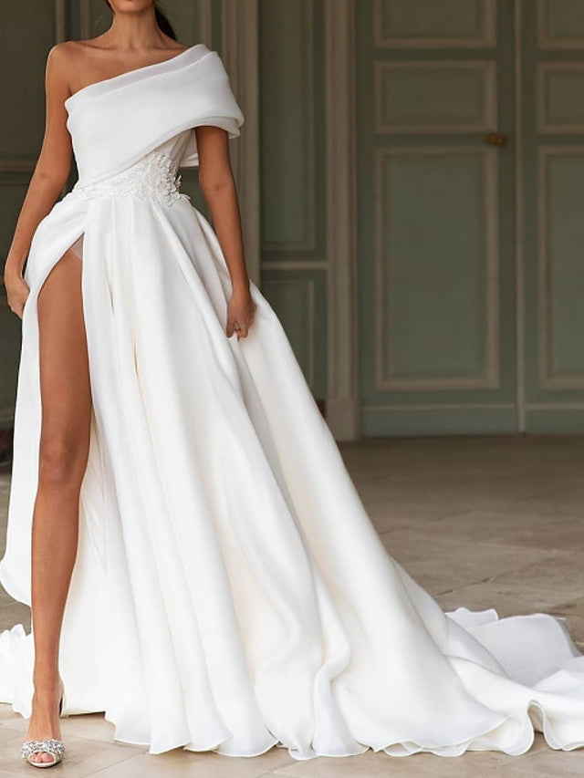 Long A-Line One Shoulder Sweep Brush Train Chiffon Wedding Dresses with Slit-showprettydress