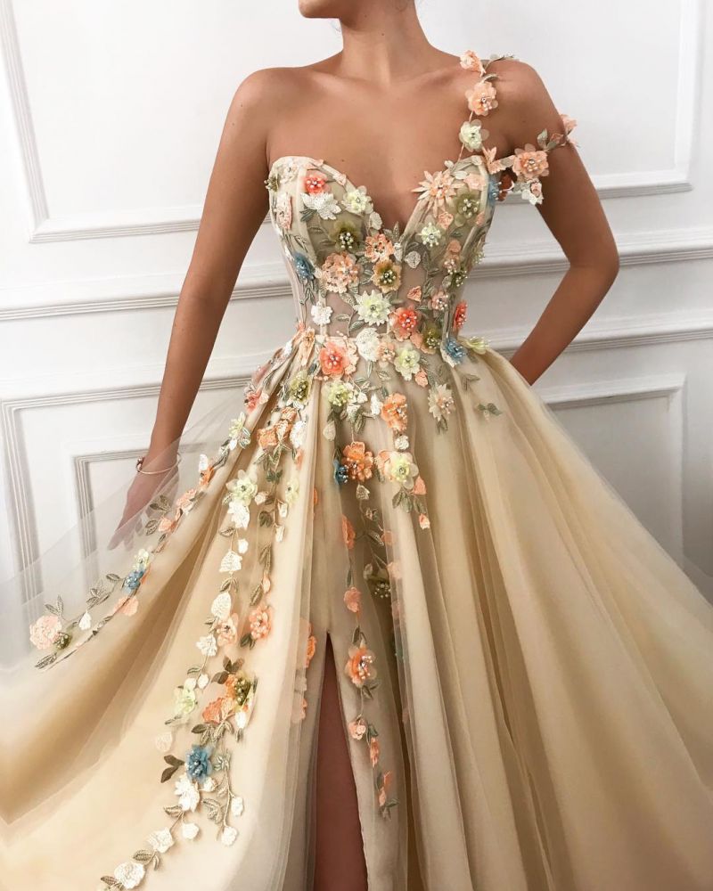 Long A-line One Shoulder Tulle Sweetheart Front Slit Appliques Flowers Prom Party Dresses-showprettydress