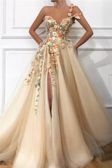 Long A-line One Shoulder Tulle Sweetheart Front Slit Appliques Flowers Prom Party Dresses-showprettydress