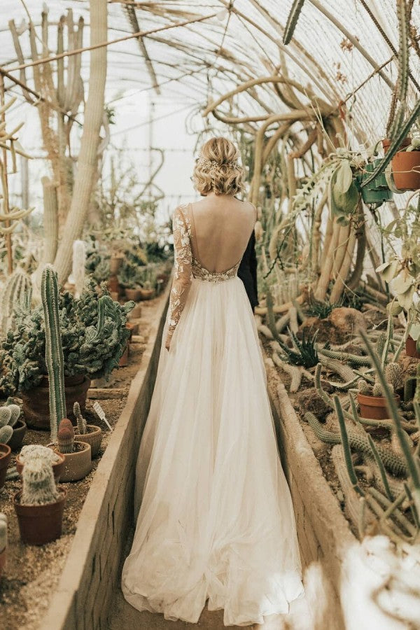 Long A-Line Open Back Chiffon Appliques Lace Wedding Dress with Sleeves-showprettydress