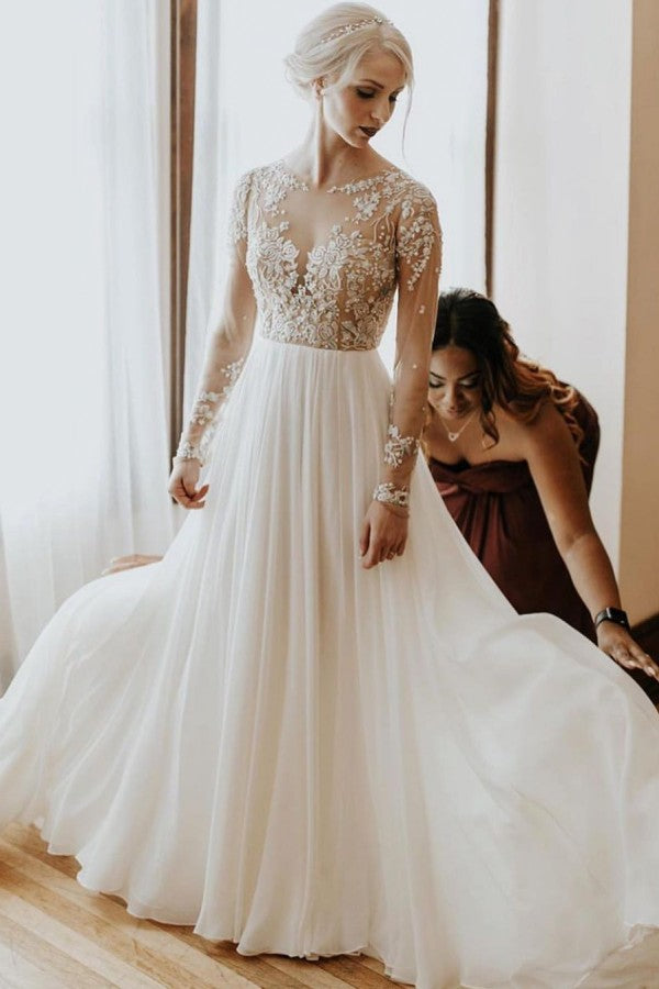 Long A-Line Open Back Chiffon Appliques Lace Wedding Dress with Sleeves-showprettydress