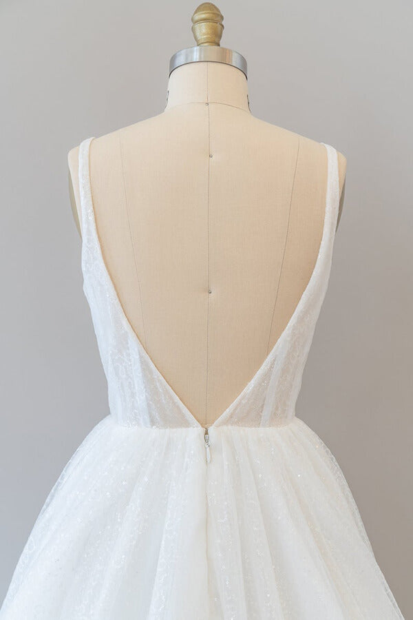 Long A-line Open Back Sequins Tulle Backless Wedding Dress-showprettydress