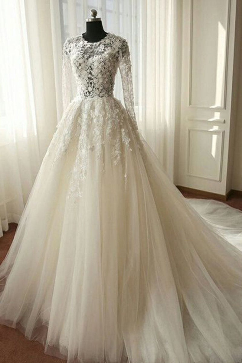 Long A-line Organza Lace Wedding Dresses with Sleeves-showprettydress
