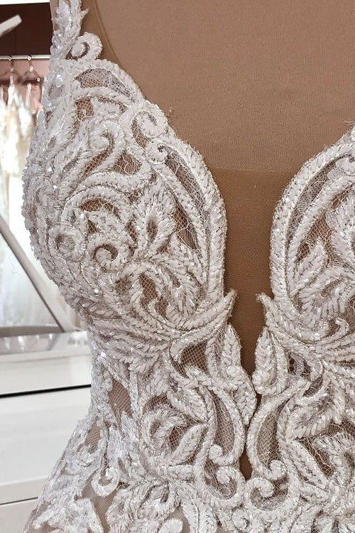 Long A-Line Sequin Tulle Spaghetti Straps Appliques Lace Wedding Dress-showprettydress
