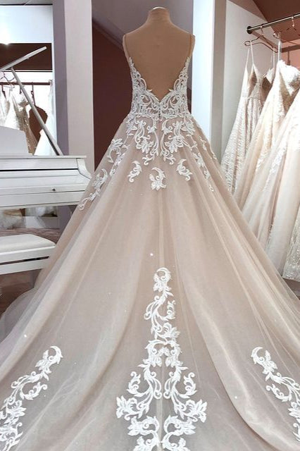 Long A-Line Sequin Tulle Spaghetti Straps Appliques Lace Wedding Dress-showprettydress