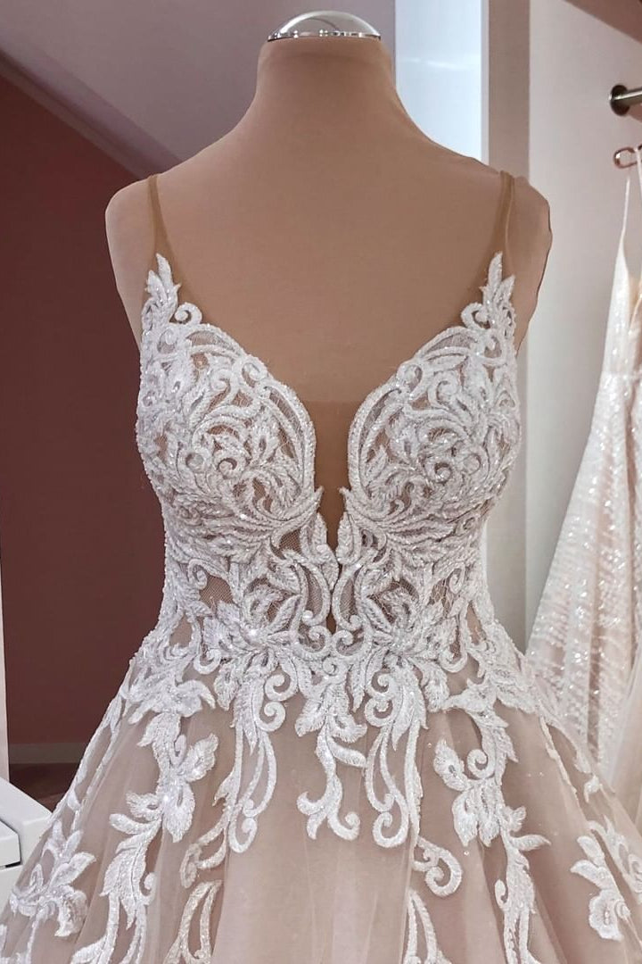 Long A-Line Sequin Tulle Spaghetti Straps Appliques Lace Wedding Dress-showprettydress