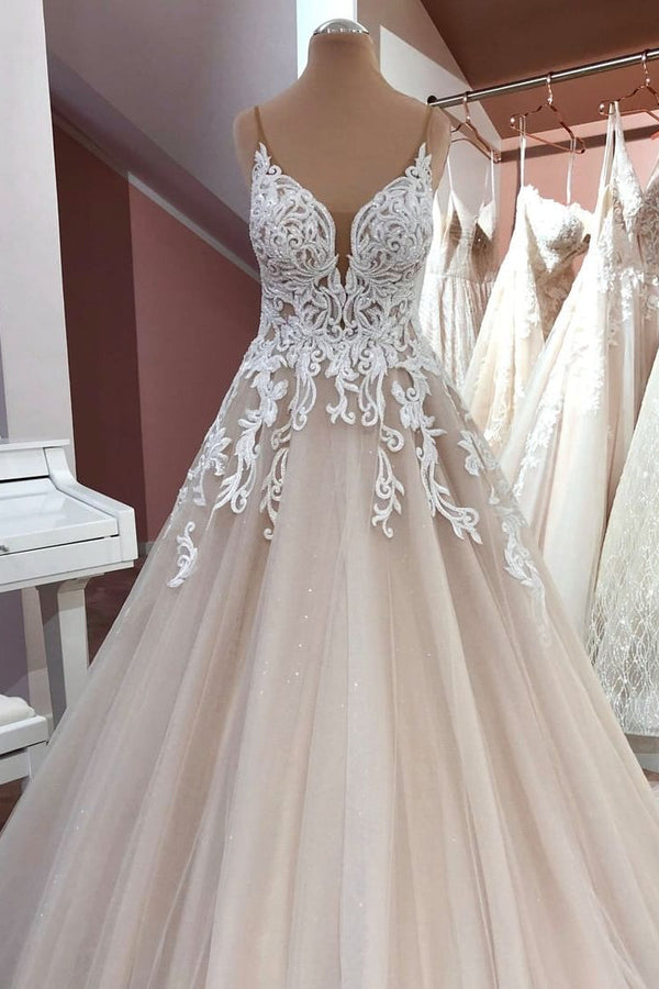 Long A-Line Sequin Tulle Spaghetti Straps Appliques Lace Wedding Dress-showprettydress