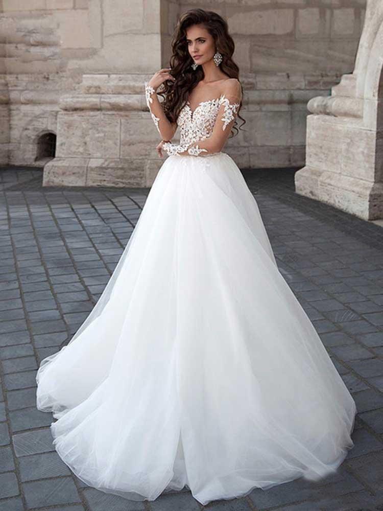 Long A-Line Sleeve Lace Tulle Backless Wedding Dresses with Sleeves-showprettydress