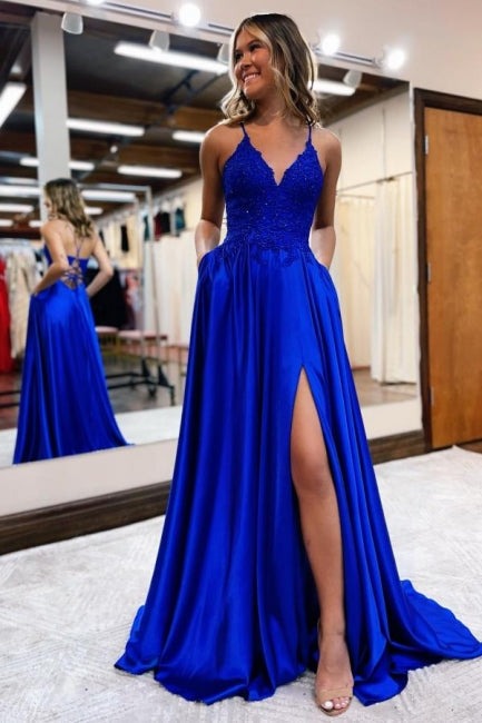 Long A-line Spaghetti Straps Satin Lace Front Slit Prom Dresses with Pockets-showprettydress