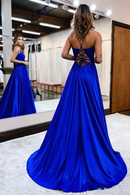 Long A-line Spaghetti Straps Satin Lace Front Slit Prom Dresses with Pockets-showprettydress