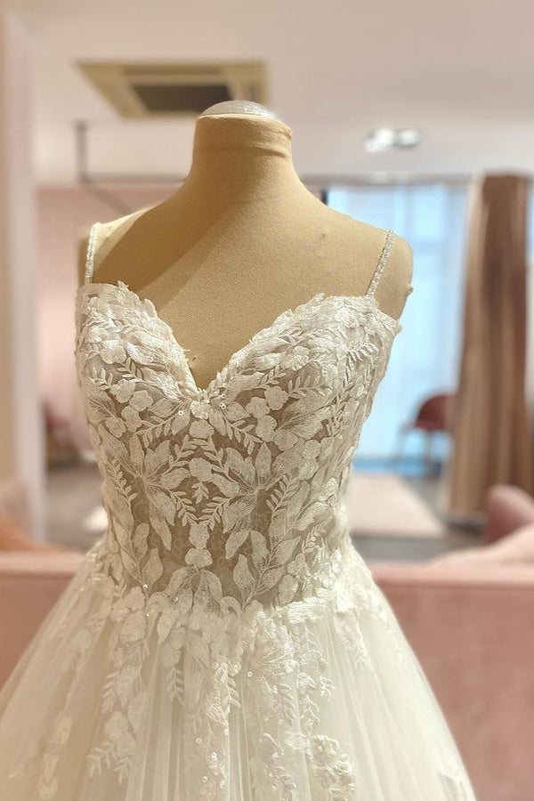 Long A-Line Spaghetti Straps Sweetheart Floral Lace Tulle Wedding Dress-showprettydress