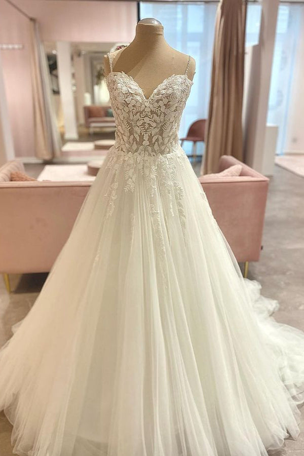 Long A-Line Spaghetti Straps Sweetheart Floral Lace Tulle Wedding Dress-showprettydress