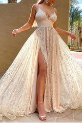 Long A-line Spaghetti-Straps V-Neck Prom Dress Sequins Party Gowns With Slit-showprettydress