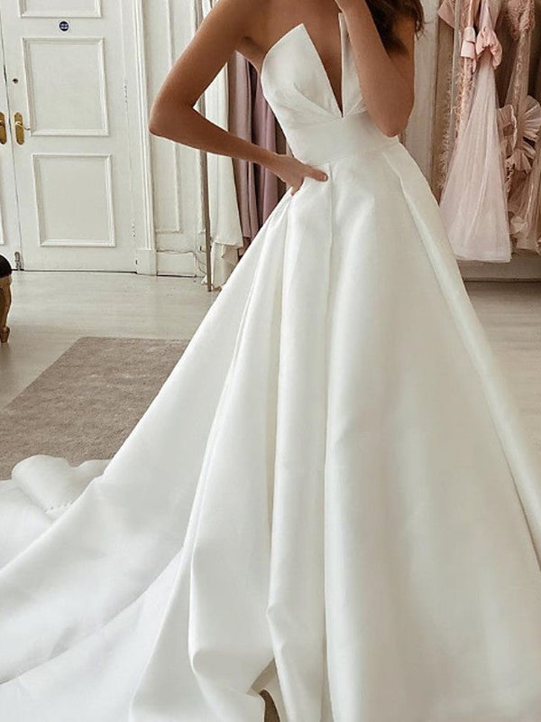 Long A-Line Strapless Sweep Brush Train Stretch Satin Wedding Dresses-showprettydress