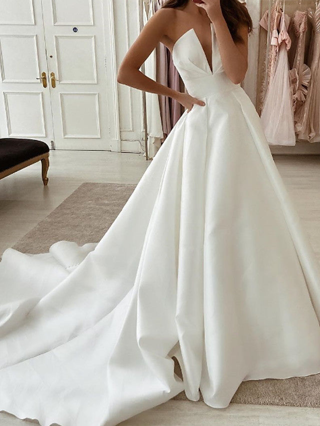 Long A-Line Strapless Sweep Brush Train Stretch Satin Wedding Dresses-showprettydress
