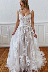 Long A-line Straps Sweetheart Appliques Lace Tulle Backless Wedding Dress-showprettydress