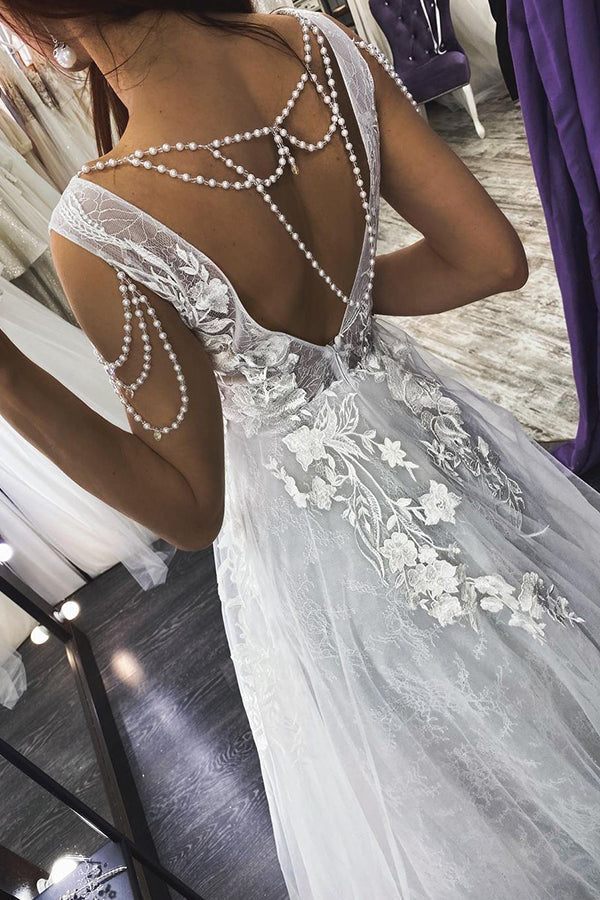 Long A-line Straps V-neck Appliques Pearls Backless Wedding Dress-showprettydress