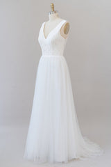 Long A-line Straps V-neck Chiffon Open Back Wedding Dress-showprettydress