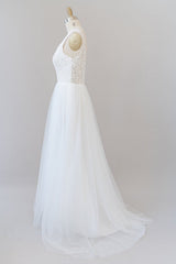 Long A-line Straps V-neck Chiffon Open Back Wedding Dress-showprettydress