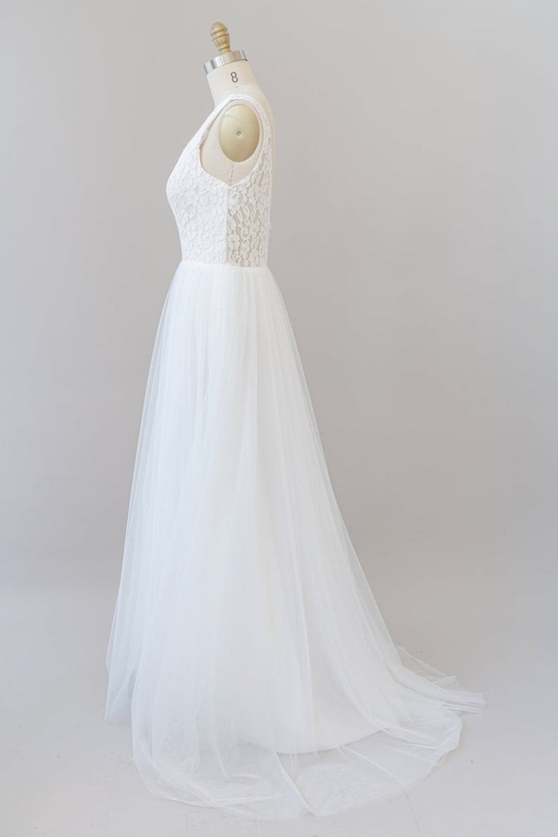 Long A-line Straps V-neck Chiffon Open Back Wedding Dress-showprettydress