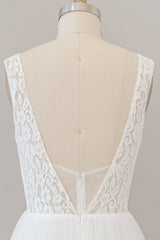 Long A-line Straps V-neck Chiffon Open Back Wedding Dress-showprettydress