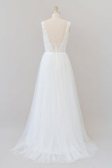 Long A-line Straps V-neck Chiffon Open Back Wedding Dress-showprettydress