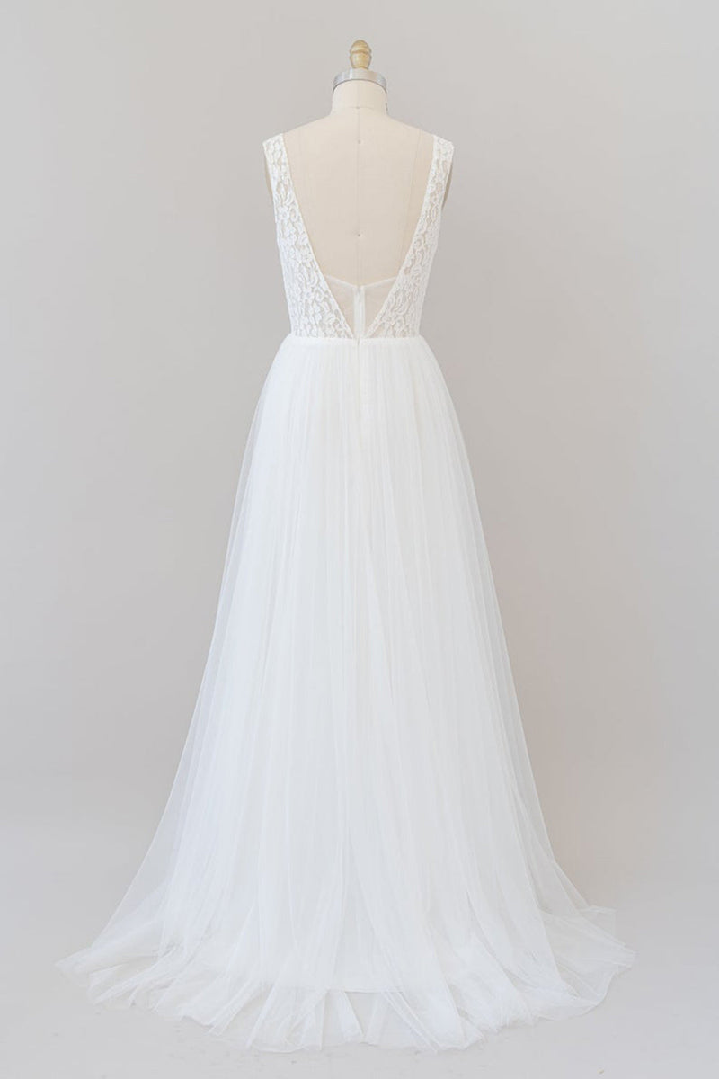 Long A-line Straps V-neck Chiffon Open Back Wedding Dress-showprettydress