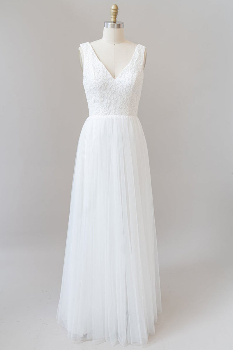 Long A-line Straps V-neck Chiffon Open Back Wedding Dress-showprettydress