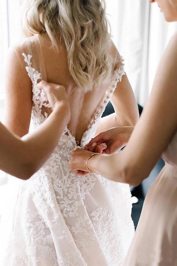Long A-line Straps V-neck Floral Beads Tulle Backless Wedding Dress-showprettydress