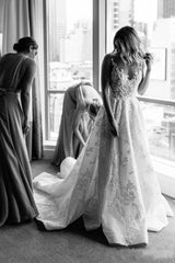Long A-line Straps V-neck Floral Beads Tulle Backless Wedding Dress-showprettydress