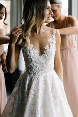 Long A-line Straps V-neck Floral Beads Tulle Backless Wedding Dress-showprettydress