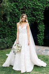 Long A-line Straps V-neck Floral Beads Tulle Backless Wedding Dress-showprettydress