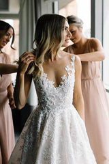 Long A-line Straps V-neck Floral Beads Tulle Backless Wedding Dress-showprettydress