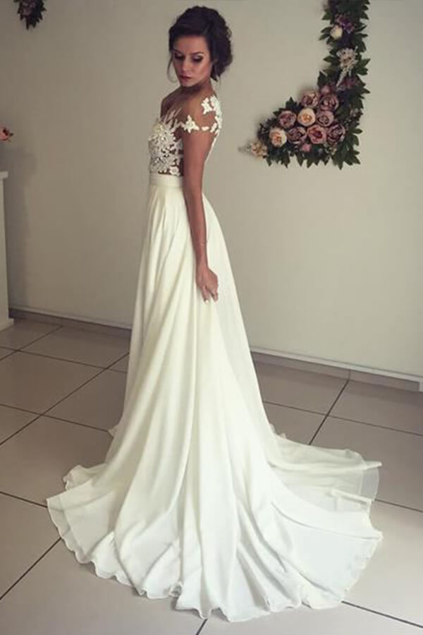 Long A-line Sweetheart Appliques Lace Chiffon Wedding Dress with Slit-showprettydress
