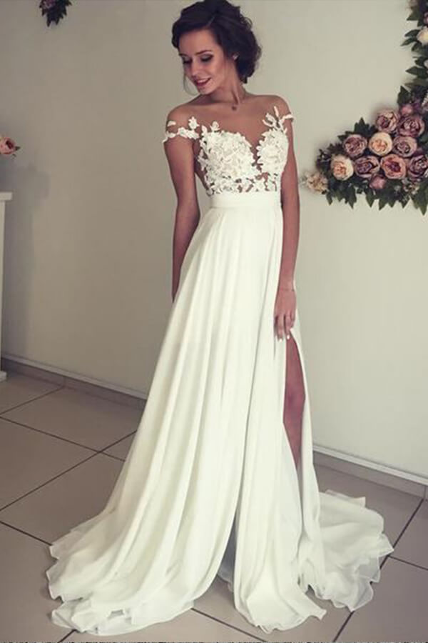 Long A-line Sweetheart Appliques Lace Chiffon Wedding Dress with Slit-showprettydress